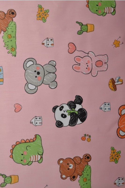 Rosa bomullspoplin med kawaii djur – barn (bild 1 av 3)