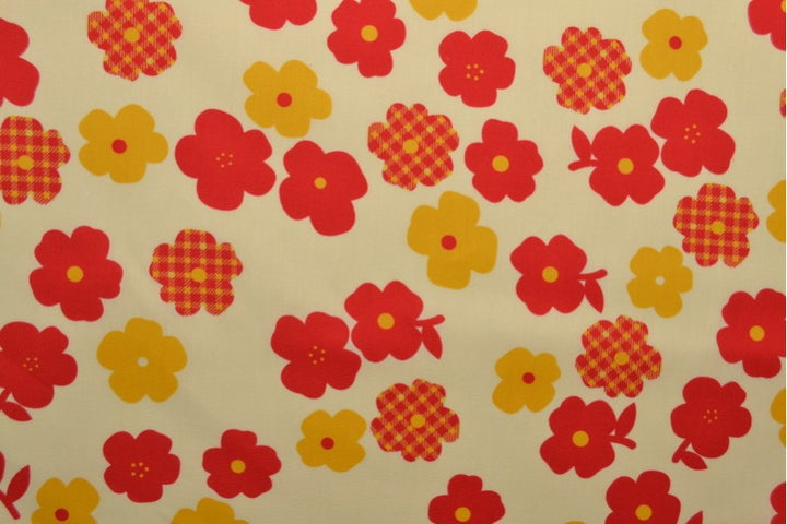 Vit bomullspoplin med retro blommertryck – röd, orange & gul (bild 3 av 3)