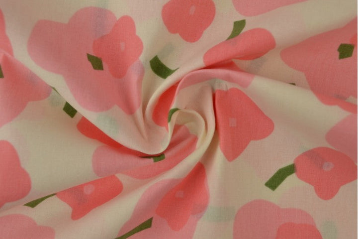 Creme bomullspoplin med vallmotryck – rosa & grön (bild 3 av 3)