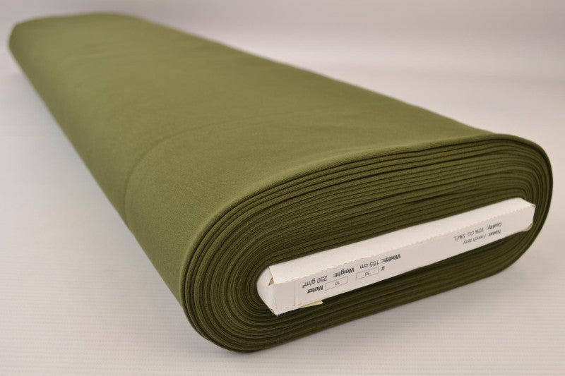 Mosgrön french terry – mjuk bomullsstickad metervara med stretch (bild 2 av 5)