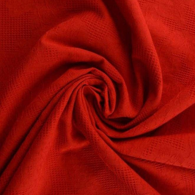 Röd bomulls jacquard – våffelstruktur med blommotiv (bild 1 av 5)