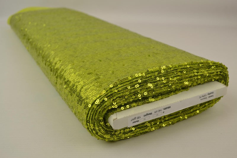 Limegrön paljettyg – små 3–4 mm paljetter & envägsstretch (bild 2 av 5)