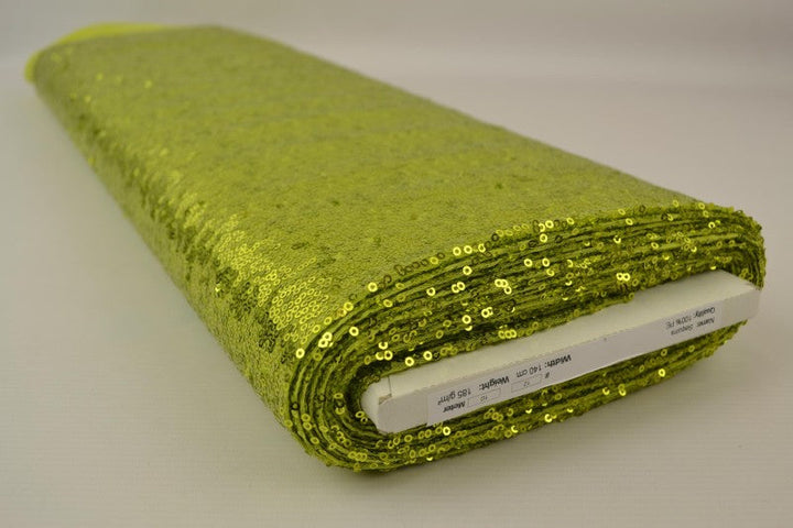 Limegrön paljettyg – små 3–4 mm paljetter & envägsstretch (bild 2 av 5)