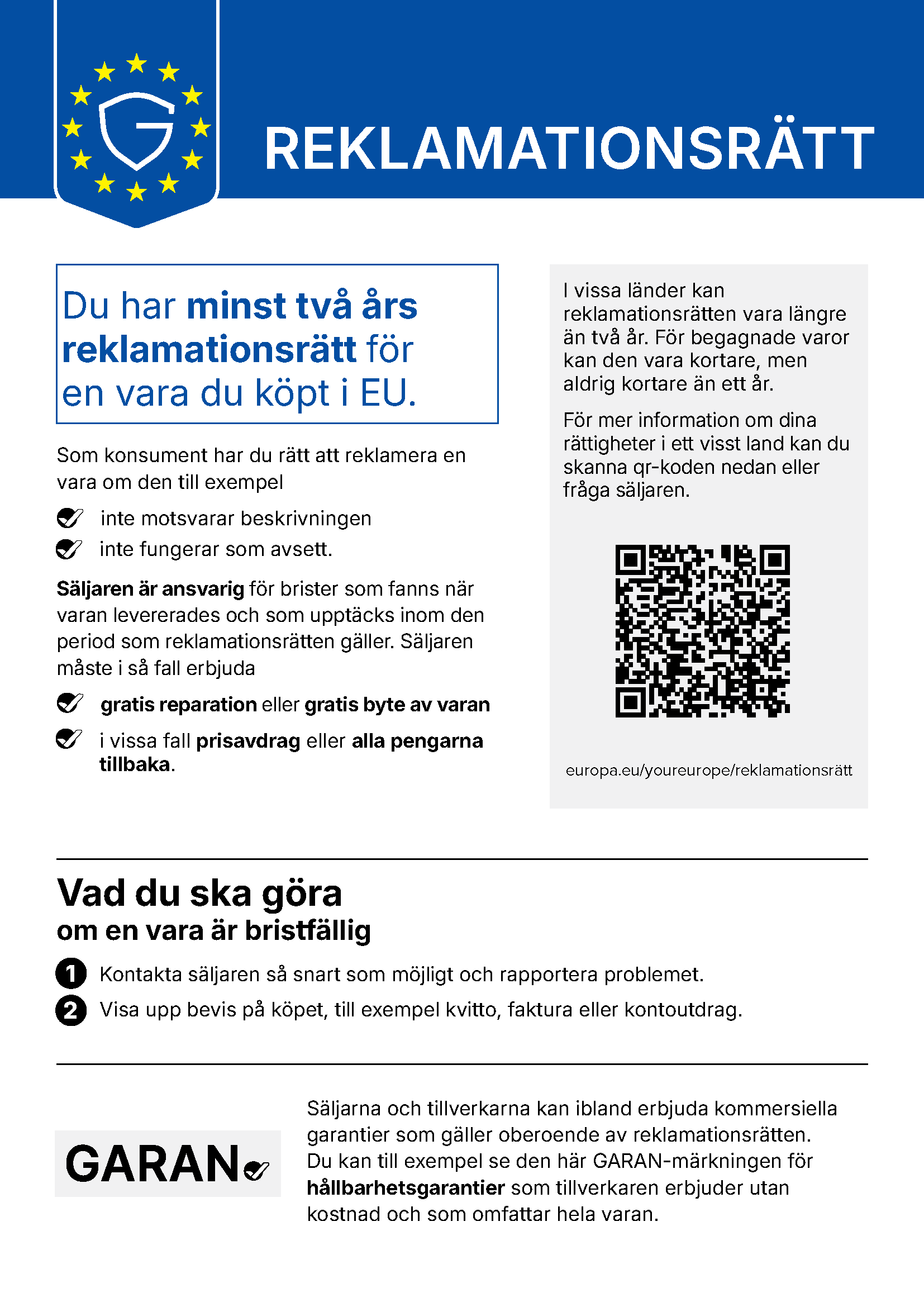 EU:s harmoniserade meddelande: Reklamationsrätt